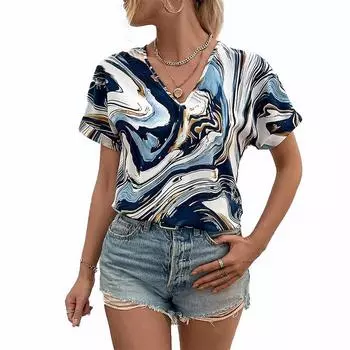 Женская свободная футболка с v-образным вырезом и короткими рукавами с принтом, повседневная рубашка XS синий