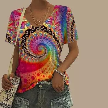 Женская свободная футболка с v-образным вырезом и короткими рукавами, цветной вихревой принт, повседневная рубашка XS разноцветный