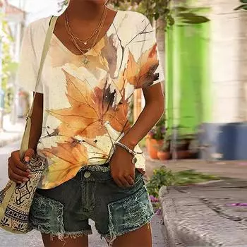 Женская свободная футболка с v-образным вырезом и короткими рукавами с принтом кленового листа, повседневная рубашка XS синий