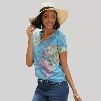 Женская свободная футболка с v-образным вырезом и короткими рукавами с принтом карты мира, повседневная рубашка XS зелёный