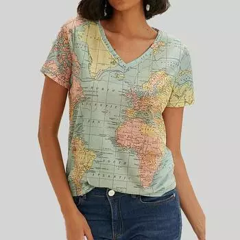 Женская свободная футболка с v-образным вырезом и короткими рукавами с принтом карты, повседневная рубашка XS зелёный
