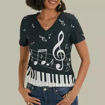 Женская свободная футболка с v-образным вырезом и короткими рукавами с музыкальным принтом, повседневная рубашка XS чёрный