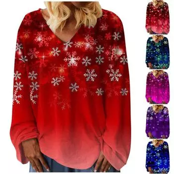 Женская свободная футболка с v-образным вырезом и рождественским принтом, длинными рукавами, топы с прямыми рукавами для женщин XXXL фиолетовый