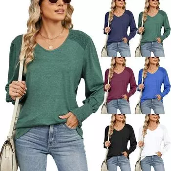 Женская свободная футболка с V-образным вырезом и рукавами-фонариками для осени и зимы. Футболки женские. S белый