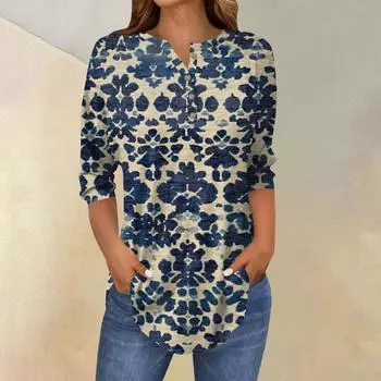 Женская свободная футболка с воротником на пуговицах и винтажным цветочным принтом, рукав три четверти L циан