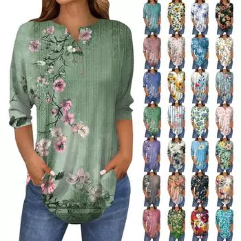 Женская свободная футболка с воротником на пуговицах и винтажным цветочным принтом, рукав три четверти L армия зеленый