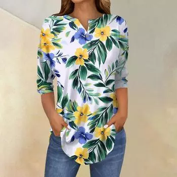 Женская свободная футболка с воротником на пуговицах и винтажным цветочным принтом, рукав три четверти S светло-зеленый