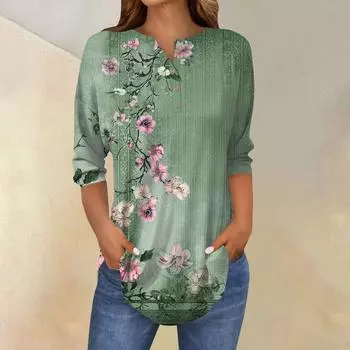 Женская свободная футболка с воротником на пуговицах и винтажным цветочным принтом, рукав три четверти S