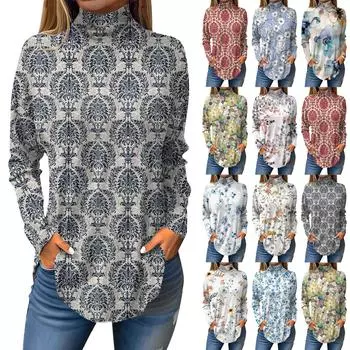 Женская свободная футболка с высоким воротом и длинными рукавами с цветочным принтом в стиле ретро, топ-пуловер M красный