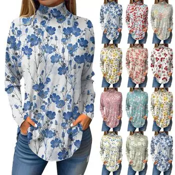 Женская свободная футболка с высоким воротом и длинными рукавами с цветочным принтом в стиле ретро, топ-пуловер M