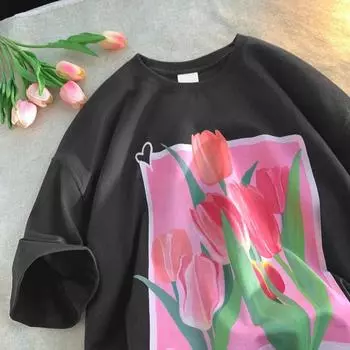 Женская свободная футболка средней длины из хлопка с черным цветочным принтом и короткими рукавами XXL