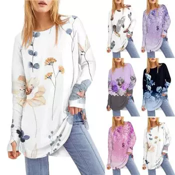 Женская свободная футболка средней длины с круглым вырезом и длинными рукавами в стиле ретро, топ с дырявым большим пальцем XXXL чёрный