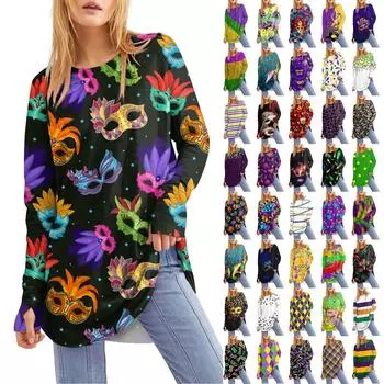 Женская свободная футболка средней длины с круглым вырезом и длинными рукавами, топ с карнавальным принтом L золотой