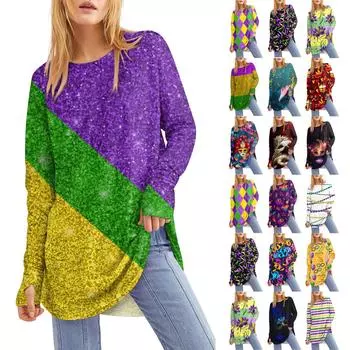 Женская свободная футболка средней длины с круглым вырезом и длинными рукавами, топ с карнавальным принтом M синий