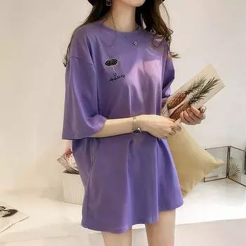 Женская свободная хлопковая футболка больших размеров с короткими рукавами и вышивкой зонтиком больших размеров M чёрный