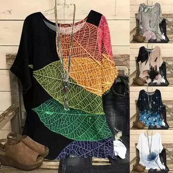 Женская свободная хлопково-льняная повседневная футболка больших размеров с круглым вырезом и принтом L чёрный