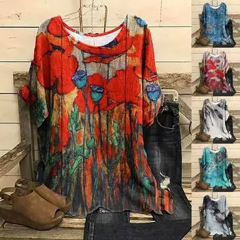 Женская свободная хлопково-льняная повседневная футболка больших размеров с круглым вырезом и принтом