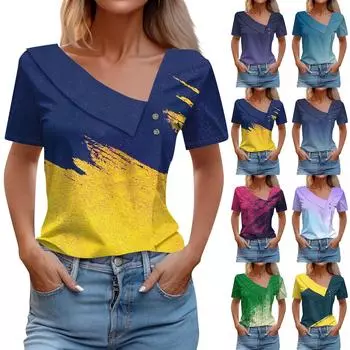 Женская свободная и модная облегающая футболка с короткими рукавами и V-образным вырезом с принтом и нестандартным воротником, удобная футболка с короткими рукавами с рисунком