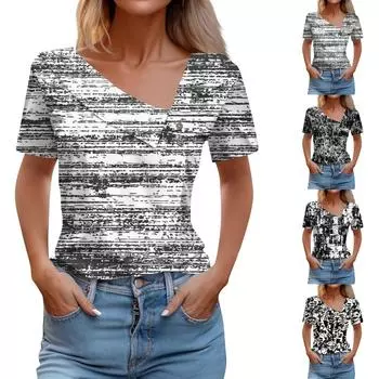 Женская свободная и модная облегающая футболка с короткими рукавами и V-образным вырезом с принтом и нестандартным воротником, удобная футболка с короткими рукавами с рисунком L чёрный