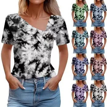 Женская свободная и модная облегающая футболка с короткими рукавами и V-образным вырезом с принтом и нестандартным воротником, удобная футболка с короткими рукавами с рисунком