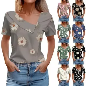 Женская свободная и модная облегающая футболка с короткими рукавами и V-образным вырезом с принтом и нестандартным воротником, удобная футболка с короткими рукавами с рисунком