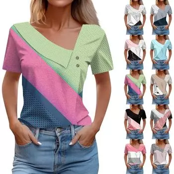 Женская свободная и модная облегающая футболка с короткими рукавами и V-образным вырезом с принтом и нестандартным воротником, удобная футболка с короткими рукавами с рисунком L чёрный