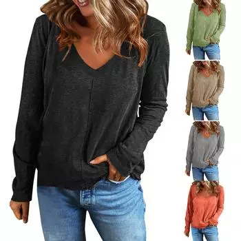 Женская свободная и повседневная однотонная футболка с v-образным вырезом на весну и осень, удобная XL