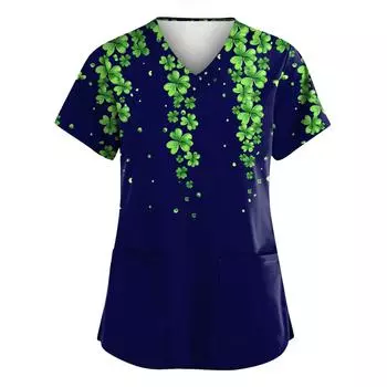 Женская свободная и повседневная печатная рабочая униформа с V-образным вырезом и карманом, защитная униформа L армия зеленый