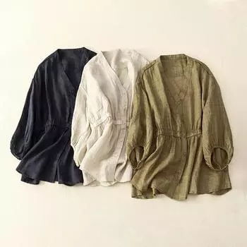 Женская свободная и тонкая универсальная блузка из хлопка и льна, трендовая весна-лето, рубашка из хлопка и льна с v-образным вырезом на талии и рукавами с пятью точками XXL синий