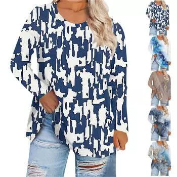 Женская свободная и удобная футболка с длинным рукавом и длинным рукавом с большим топом и принтом, повседневная XXL синий