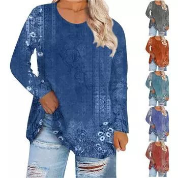 Женская свободная и удобная футболка с длинным рукавом и длинным рукавом с большим топом и принтом, повседневная XXXXXL циан