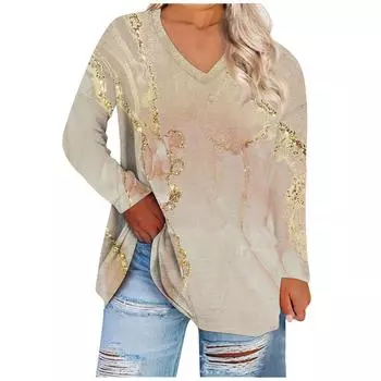 Женская свободная и удобная футболка с длинными рукавами и круглым вырезом, повседневная бежевый