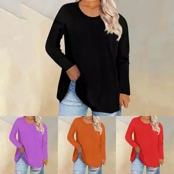 Женская свободная и удобная однотонная футболка с длинным рукавом с большим верхом и круглым вырезом, повседневная XL