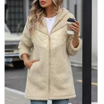 Женская свободная и зимняя толстая плюшевая куртка с капюшоном в стиле пэчворк на молнии L бежевый