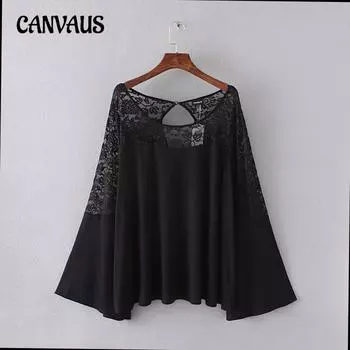 Женская свободная кружевная рубашка с длинными рукавами и круглым вырезом больших размеров XL чёрный