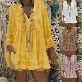 Женская свободная кружевная рубашка с v-образным вырезом и длинными рукавами, юбка, летняя повседневная блузка XXXXXL белый