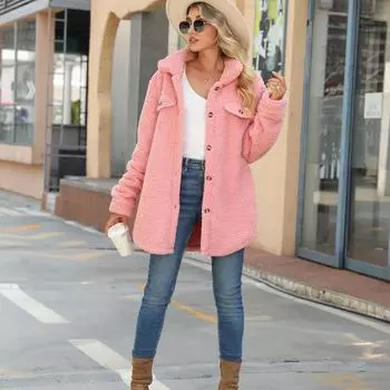 Женская свободная куртка розового плюша с флисовыми лацканами, с длинным рукавом, на пуговицах, повседневная верхняя одежда для девочек, верхняя одежда, весна-осень, повседневная одежда S розовый