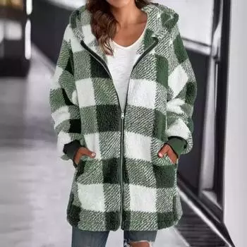Женская свободная куртка с длинными рукавами, в клетку, с капюшоном, на молнии и карманами S
