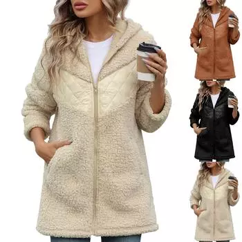 Женская свободная куртка с капюшоном из толстого плюша на молнии в стиле пэчворк на осень и зиму L бежевый