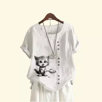 Женская свободная льняная блузка-пуловер, женская повседневная футболка с круглым вырезом и принтом кота, летняя модная футболка с короткими рукавами S коричневый