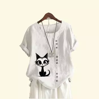 Женская свободная льняная блузка-пуловер, женская повседневная футболка с круглым вырезом и принтом кота, летняя модная футболка с короткими рукавами S коричневый