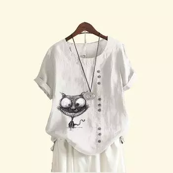 Женская свободная льняная блузка-пуловер, женская повседневная футболка с круглым вырезом и принтом кота, летняя модная футболка с коротким рукавом S коричневый