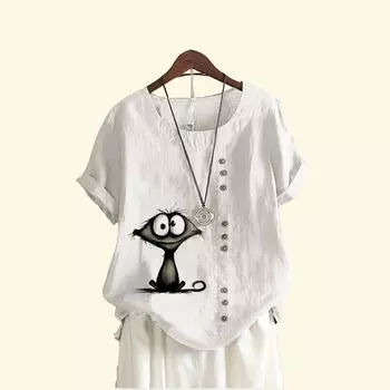 Женская свободная льняная блузка-пуловер, женская повседневная футболка с круглым вырезом и принтом кота, летняя модная футболка с короткими рукавами S коричневый