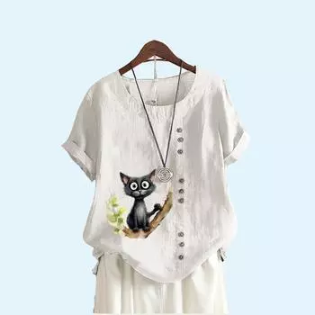 Женская свободная льняная блузка, женская модная летняя повседневная футболка с круглым воротником и принтом кота S коричневый