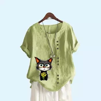Женская свободная льняная блузка, женская модная летняя повседневная футболка с круглым воротником и принтом кота S коричневый