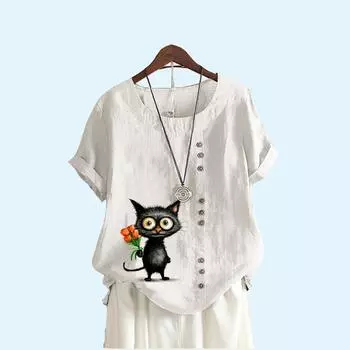Женская свободная льняная блузка, женская модная летняя повседневная футболка с круглым воротником и принтом кота S коричневый