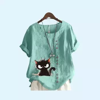 Женская свободная льняная блузка, женская модная летняя повседневная футболка с круглым воротником и принтом кота S коричневый