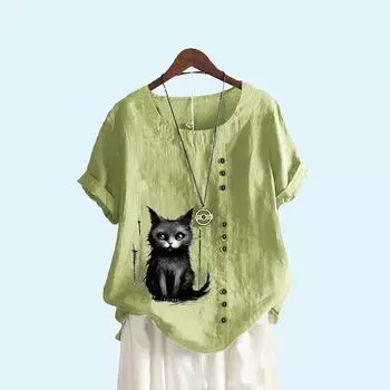 Женская свободная льняная блузка, женская модная летняя повседневная футболка с круглым воротником и принтом кота S коричневый