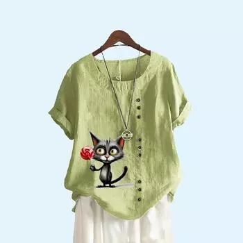Женская свободная льняная блузка, женская модная летняя повседневная футболка с круглым воротником и принтом кота S коричневый