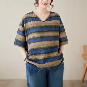 Женская свободная летняя футболка из хлопка с короткими рукавами больших размеров в винтажную полоску синий